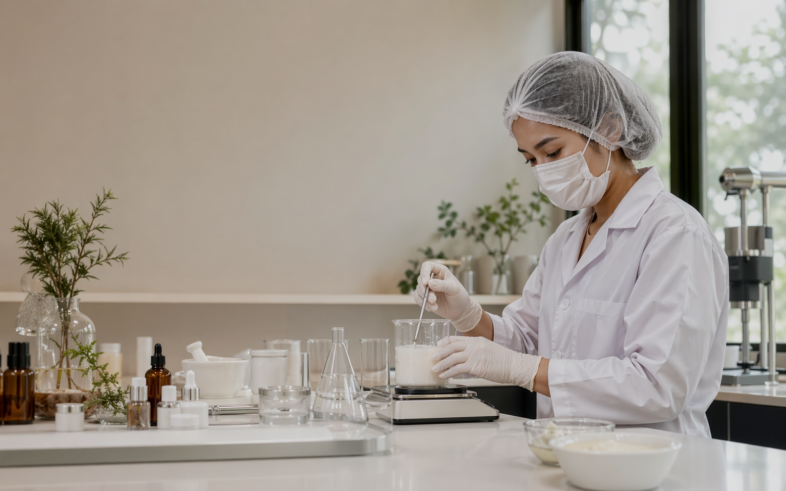 Tim formulasi kosmetik sedang meracik produk skincare di fasilitas maklon yang bersih, modern, dan terkontrol.